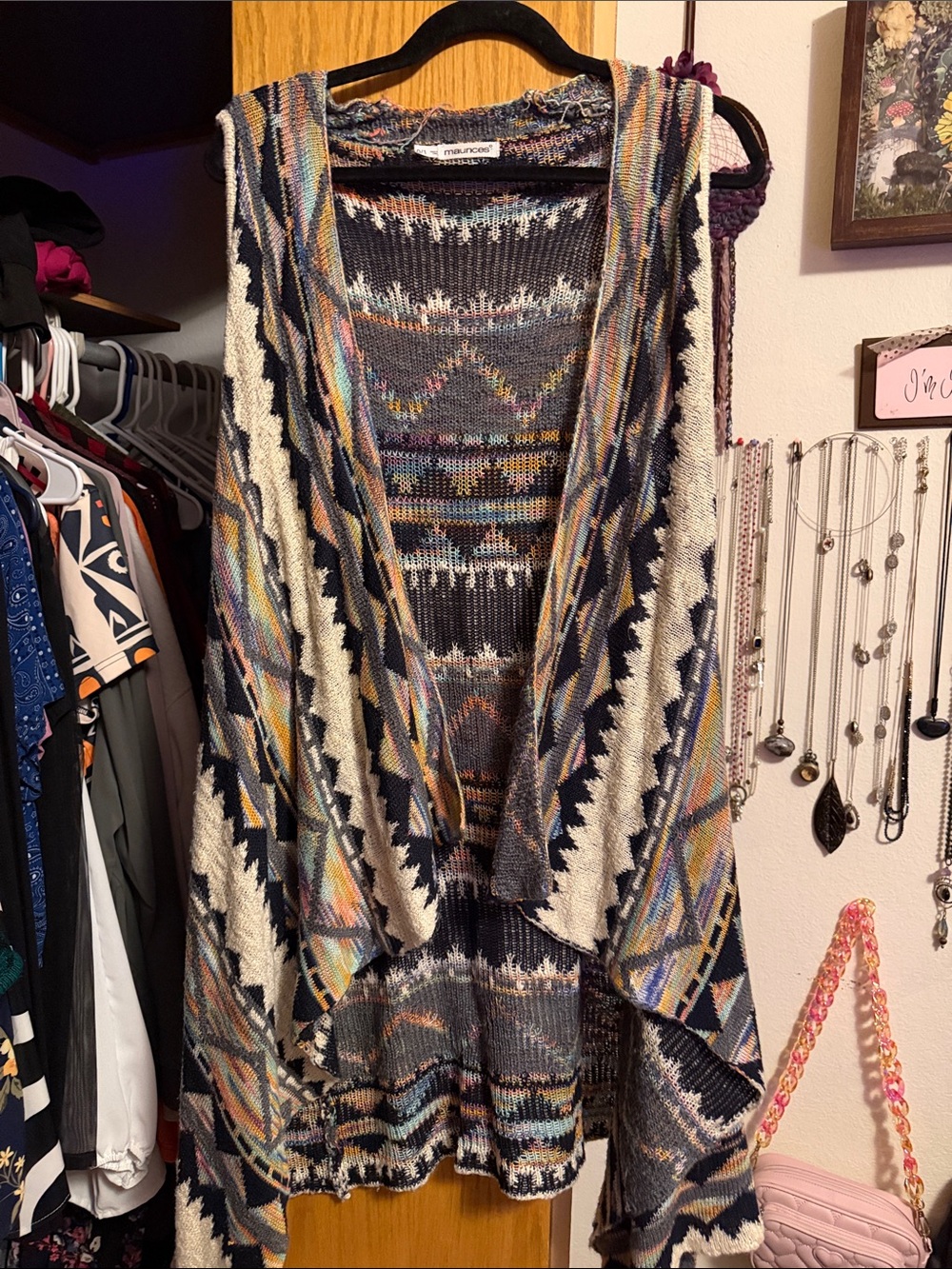 Maurices Multicolor Aztec Open-Front Knit Poncho Cardigan